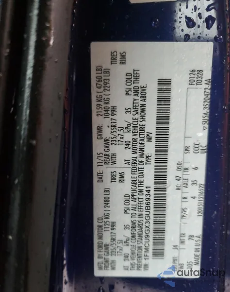 2016 Ford Escape Se из США, поврежденный, VIN 1FMCU9GX3GUB69341